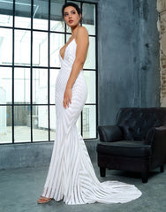 Love&Lemonade White Deep V Neck Open Back Geometry Sequins Long Dress  LM81225 Autumn/Winter