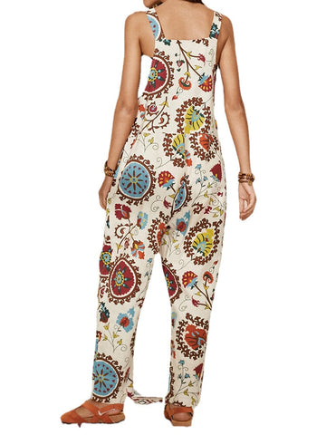 Women Ethnic Pattern Print Straps Casual Loose Jumpsuit With Pocket