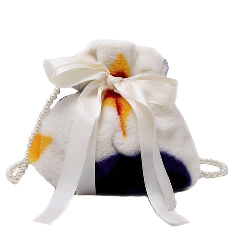 Women Plush Tie-dye Patchwork Pearl Bowknot Chain Shoulder Bag Crossbody