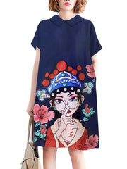 Peking Opera Pattern Pocket Short Sleeve Midi Dress