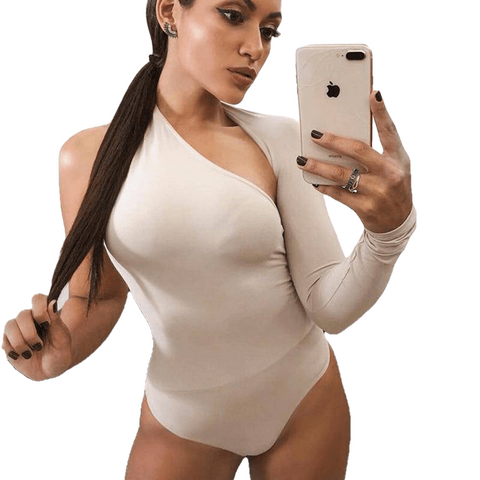 Sexy Women's One-sided Long-sleeve Backless Cut-out Bodycon Bodysuit