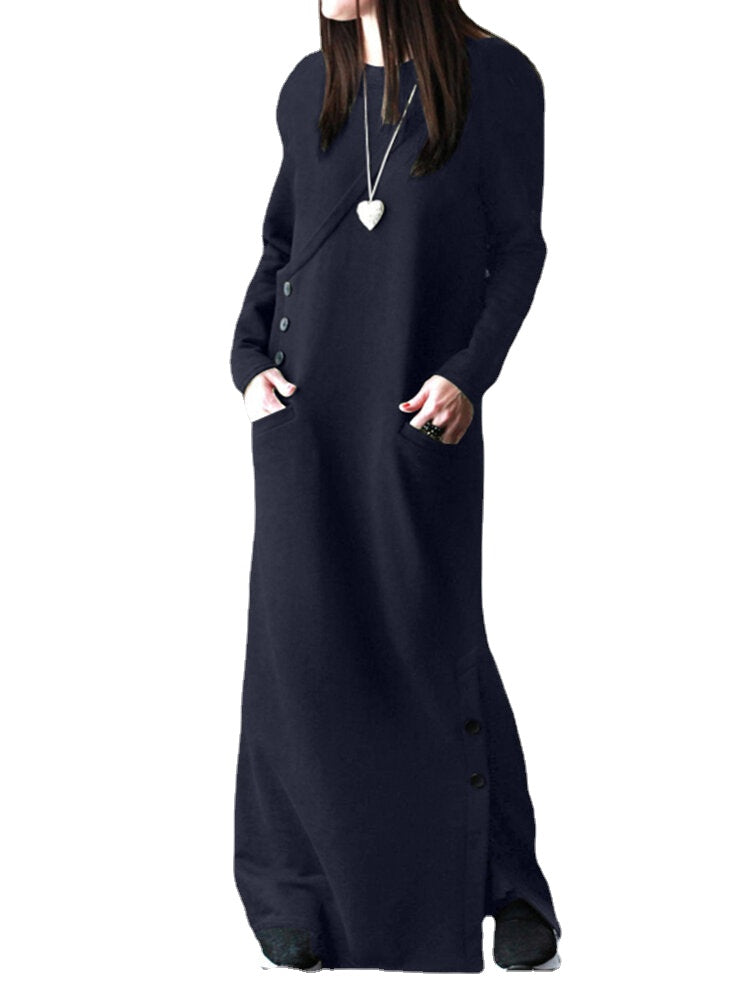 Women Solid Color Side Split Long Sleeves Button Maxi Dresses With Pocket