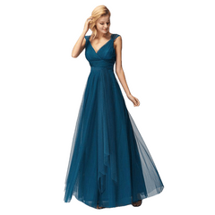 Elegant V-Neck Sleeveless A-Line Tulle Teal Prom Dresses - Sheseelady