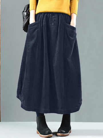 Women Corduroy Button Trim Elastic Waist Solid Retro Skirt With Pocket