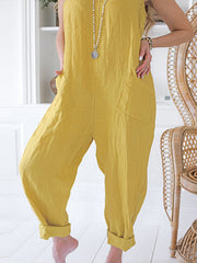 Women Solid Color String Double Pocket Loose Jumpsuits