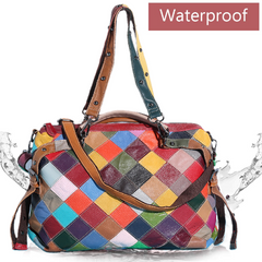 Women Genuine Leather Contrasting Color Plaid Stitching Crossbody Bag Large-capacity Waterproof Shoulder Handbag