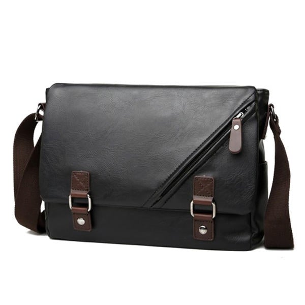 Men's Black PU Leather Messenger Bag - Business Casual Laptop Shoulder Bag