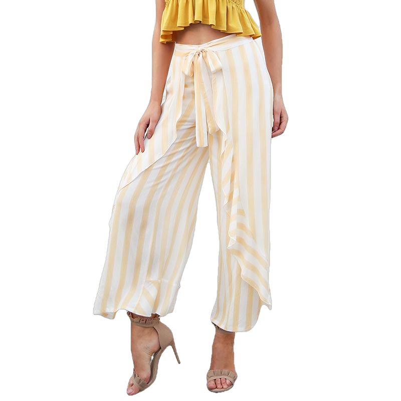 Stripe Split Wide Leg Pants Bottom Sash Ruffle High Waist Trousers For Women