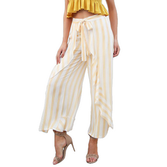 Stripe Split Wide Leg Pants Bottom Sash Ruffle High Waist Trousers For Women