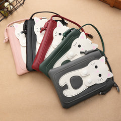 Women Faux Leather Super Cute Cat Kitty Pattern 6.3 Inch Phone Bag Small Storage Crossbody