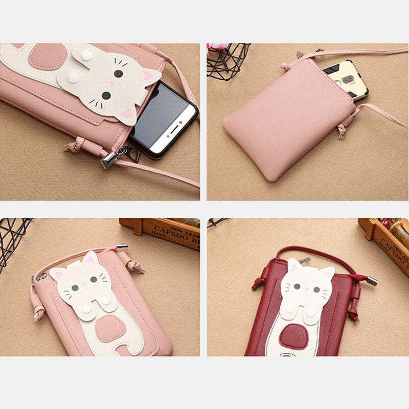 Women Faux Leather Super Cute Cat Kitty Pattern 6.3 Inch Phone Bag Small Storage Crossbody