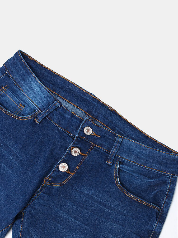 Women Pocket Button Denim Casual Bell-Bottoms Jeans