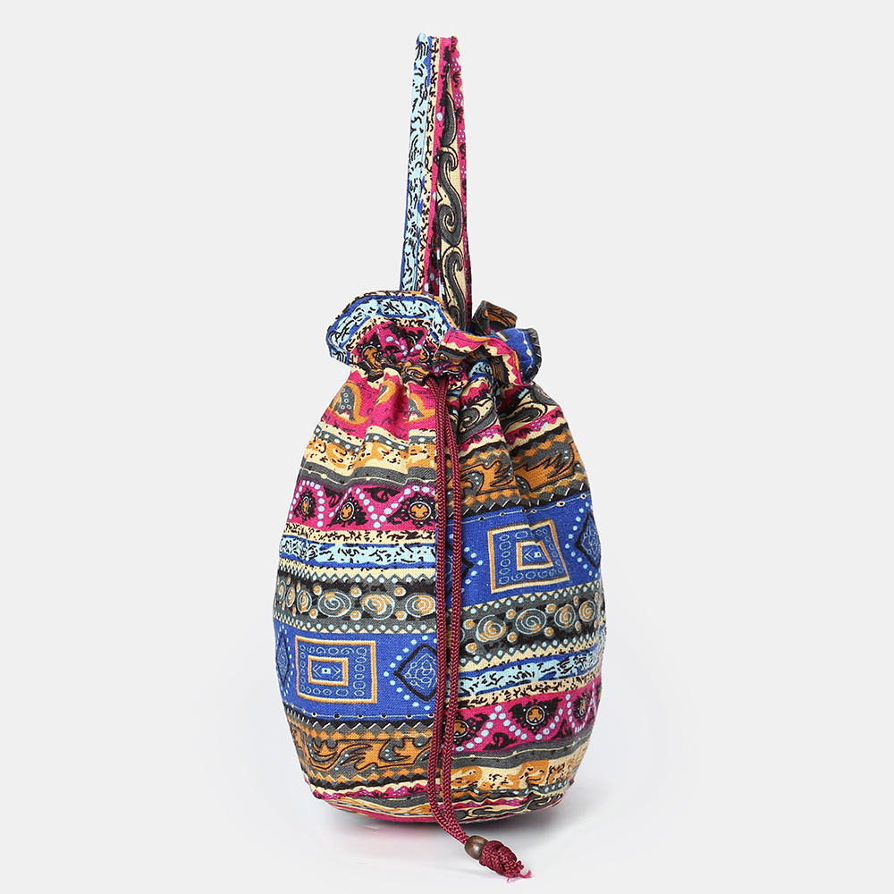 Women Ethnic Canvas String Bucket Bag Crossbody