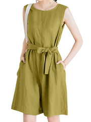 Cotton Solid Sash Pocket Sleeveless Round Neck Zip Casual Romper