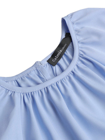 Casual Loose Puff Sleeve O-neck Pleated Button A-line Maxi Dress