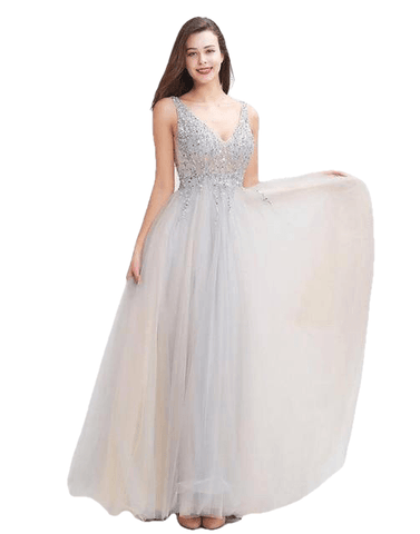 Flash Elegant Light Illusion Tulle Beaded V-neck Sleeveless Dress For Ladies