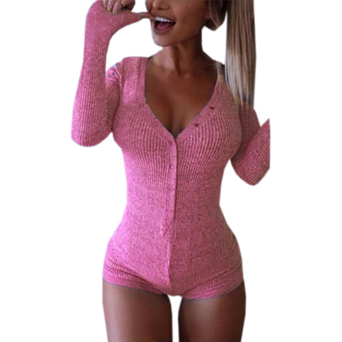 Leisure Sexy V-neck Long Sleeve Bodycon Knitted Cotton Rompers For Ladies