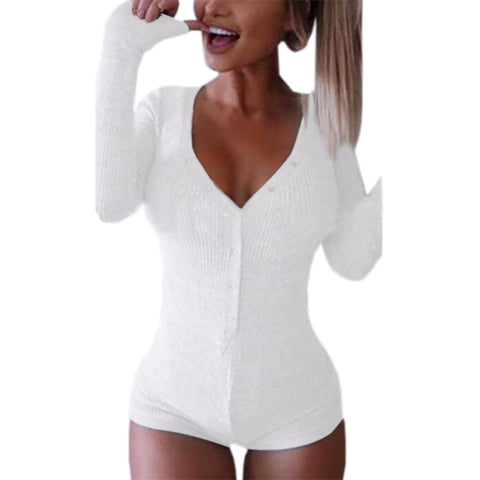 Leisure Sexy V-neck Long Sleeve Bodycon Knitted Cotton Rompers For Ladies