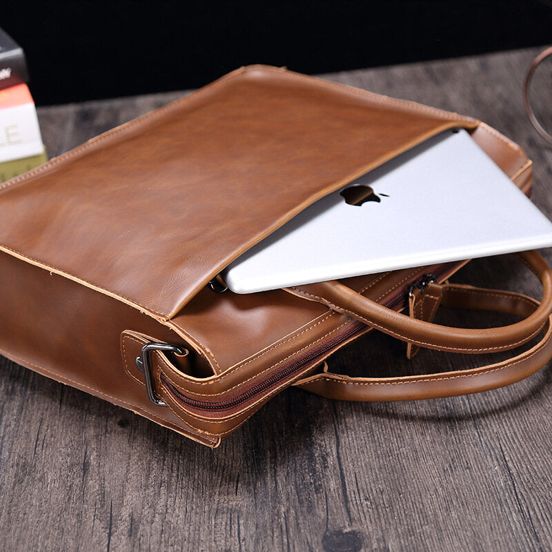 Vintage PU Leather Men's Briefcase: Multi-pocket 14" Laptop Crossbody & Shoulder Bag