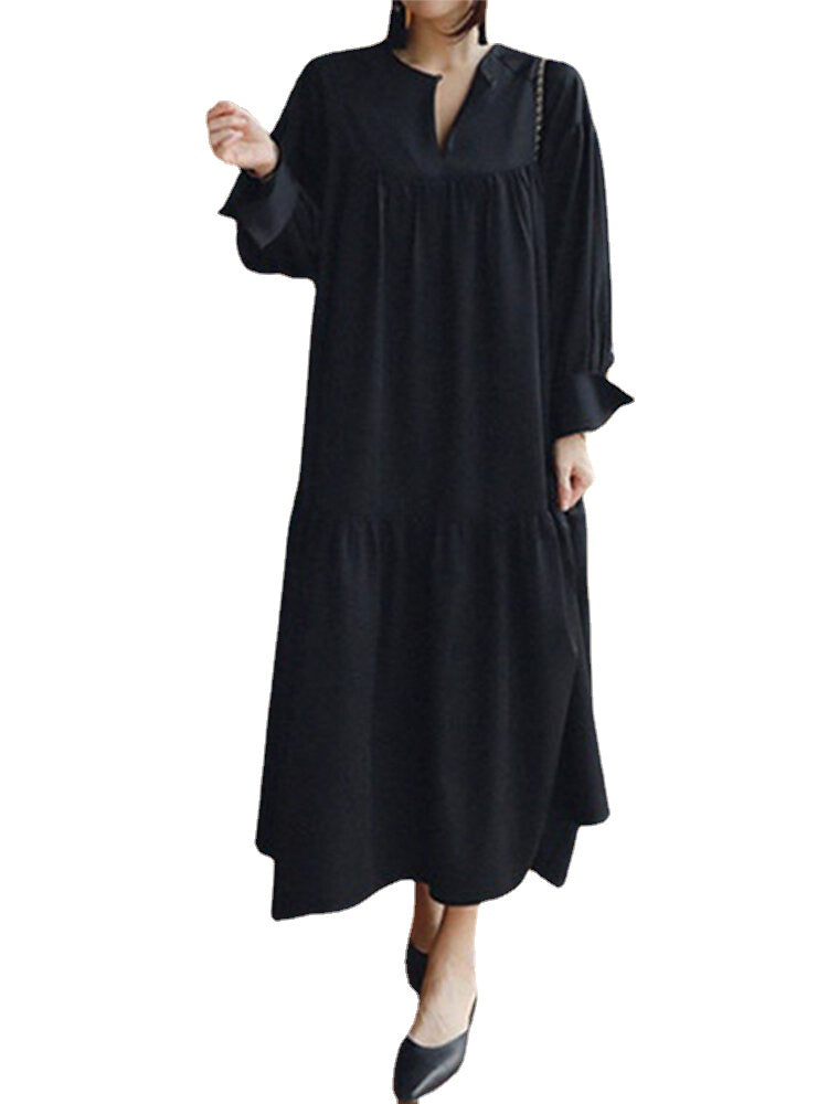 Long Sleeve V-neck Solid Color Loose Pleated Casual Shirt Dress