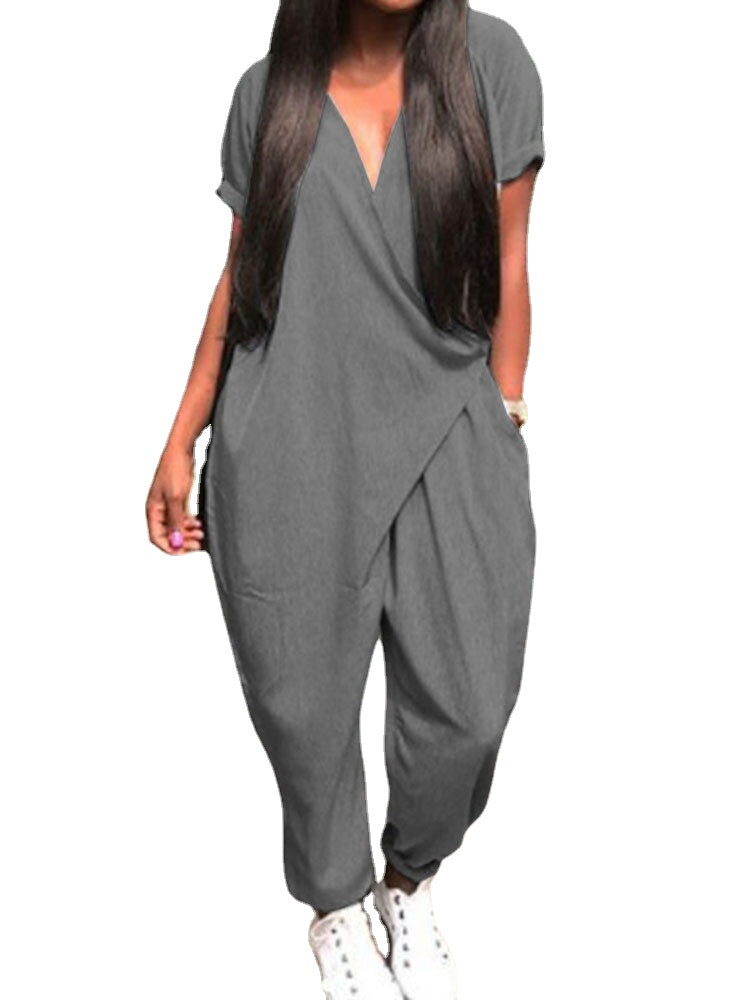 Short Sleeve V-Neck Side Pockets Simple And Comfortable Jumpsuit