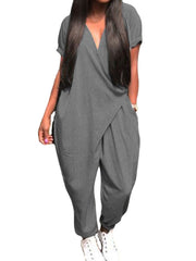 Short Sleeve V-Neck Side Pockets Simple And Comfortable Jumpsuit