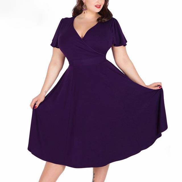 Short Sleeve A-Line Dress Vintage Stretchy Midi Dress