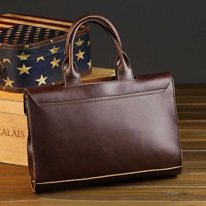 Men's Retro PU Leather Multi-Compartment Briefcase Messenger Bag
