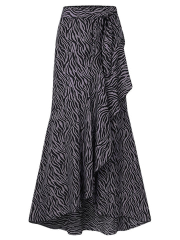 Women Zebra Print Asymmetric Ruffle Knotted Casual High Waist Skirts
