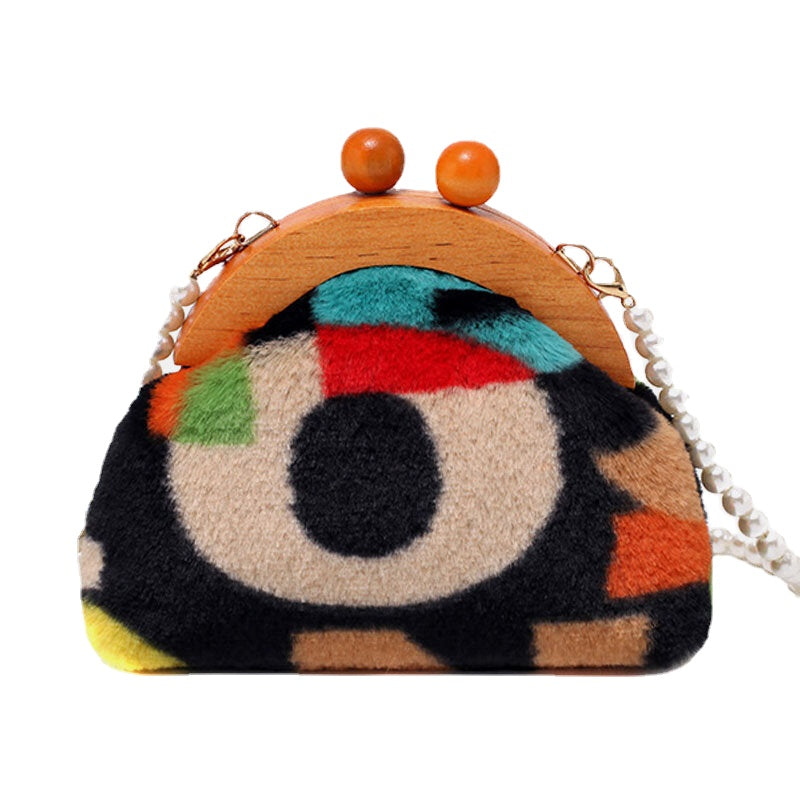 Women Plush Tie-dye Patchwork Pearl Chain Shoulder Bag Crossbody