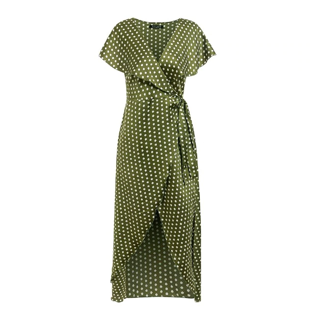 Elegant V Neck Wrap Sashes Dots Print Vintage Dresses - Sheseelady