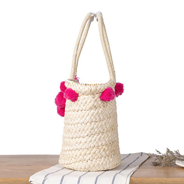 Women Woven Straw Beach Handbag Travel Plush Ball Bag Tote