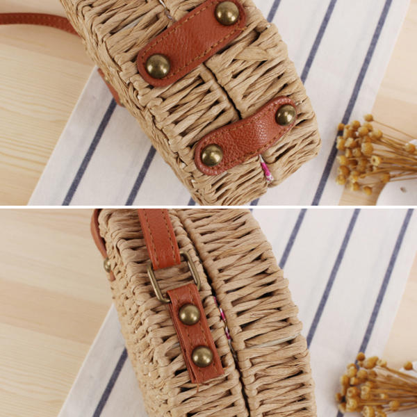 Women Round Woven Straw Crossbody Bag Solid Beach