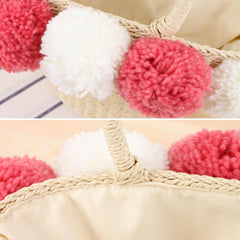 Women Travel Woven Beach Bag Cute Contrast Plush Ball Straw Handbag