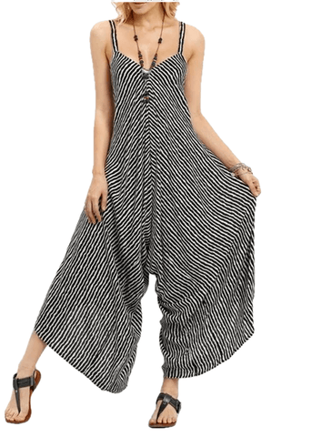 Casual Sexy Loose Stripe Print Backless V-neck Sling Jumpsuit For Female