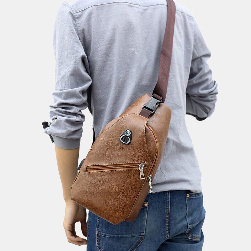 Men's Retro PU Leather Business Chest Bag with USB Charging