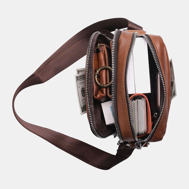 Men's Vintage Leather Crossbody Bag with Multi-Pockets & Headphone Port for 6.5" Phone