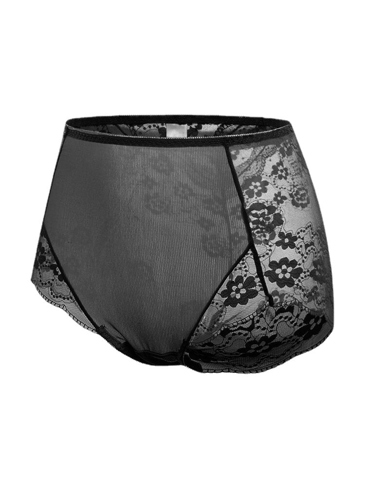 Plus Size Women Sheer Lace Floral Jacquard Breathable High Waist Panties