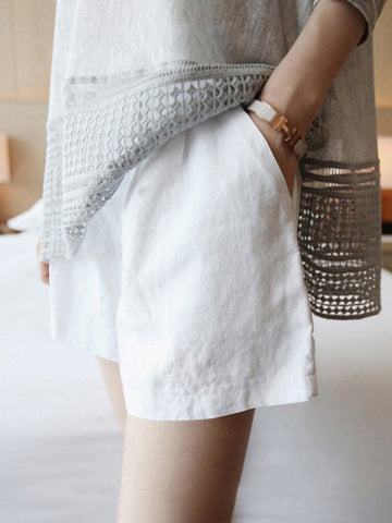 Solid Pocket Ruched Cotton Casual Shorts