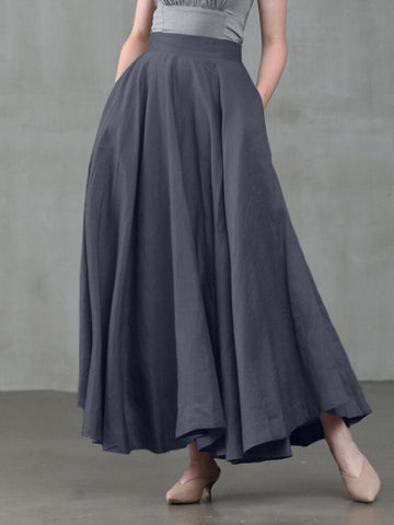 Women Solid Color Back Zip Pleated Casual Swing Skirts With Pocket