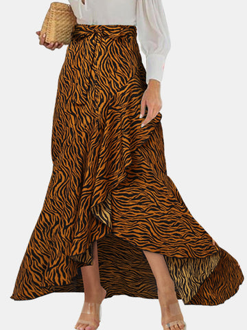 Women Zebra Print Asymmetric Ruffle Knotted Casual High Waist Skirts
