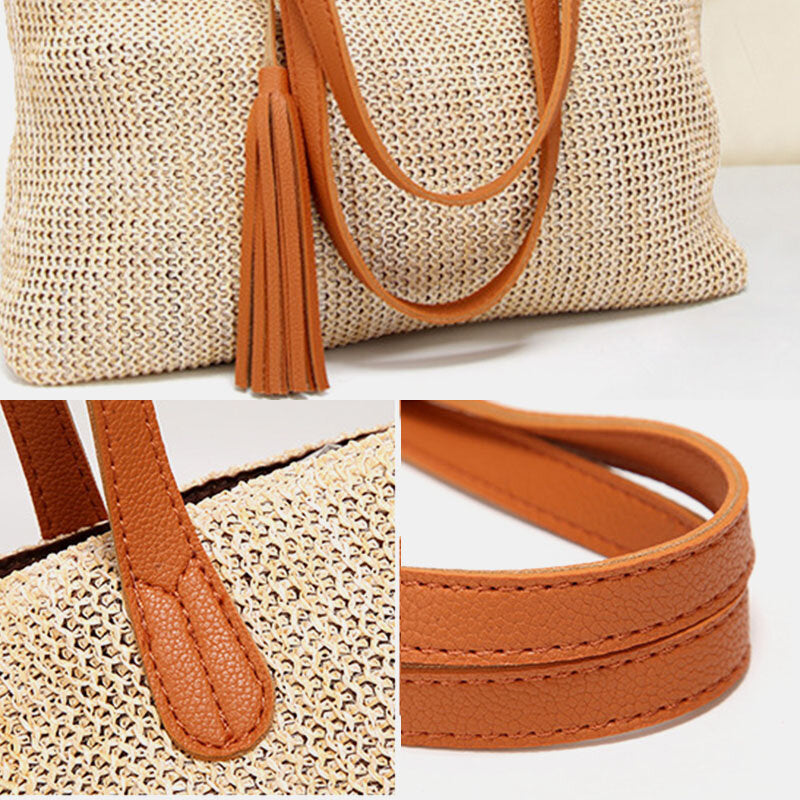 Women Tassel Decoration Large Capacity Hollow Straw Bags Handbag Shoulder Bag Beach