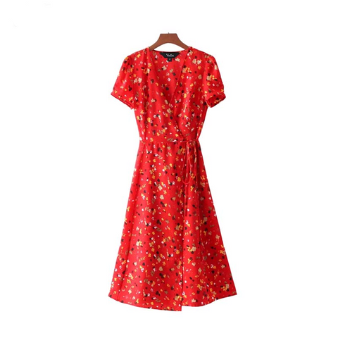Vintage V Neck Floral Pattern Midi Wrap Dress