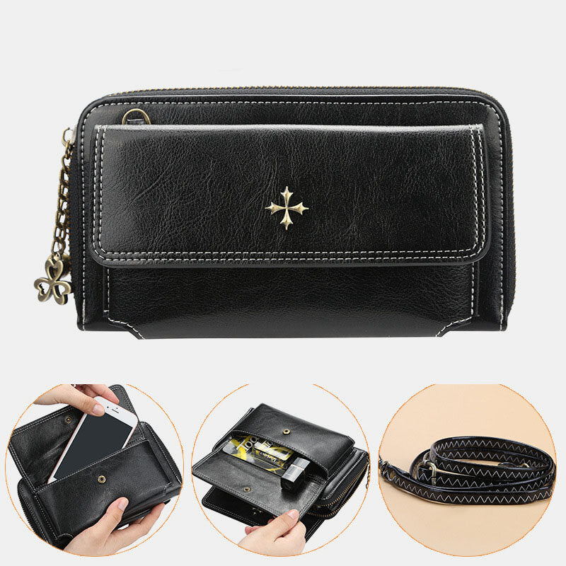 Women PU Leather Cross Flower Tassel Large Capacity Multi-card Slot Phone Bag Crossbody Shoulder