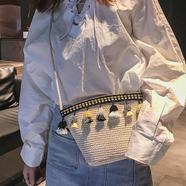 Straw Tassel Leisure Zipper Bucket Bag Shoulder For Women