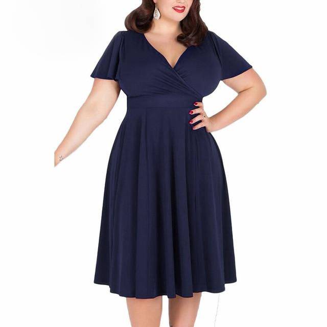 Short Sleeve A-Line Dress Vintage Stretchy Midi Dress