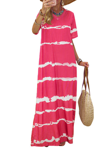 Bohemian Stripe Printed Clash Color Splicing Design V-Neck Dress