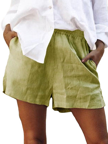 Women Cotton Solid Color Elastic Waist Shorts