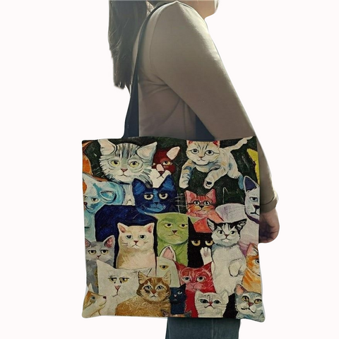 Trendy Reusable Women's Linen Shoulder Bags With Cute Anime Cat Print