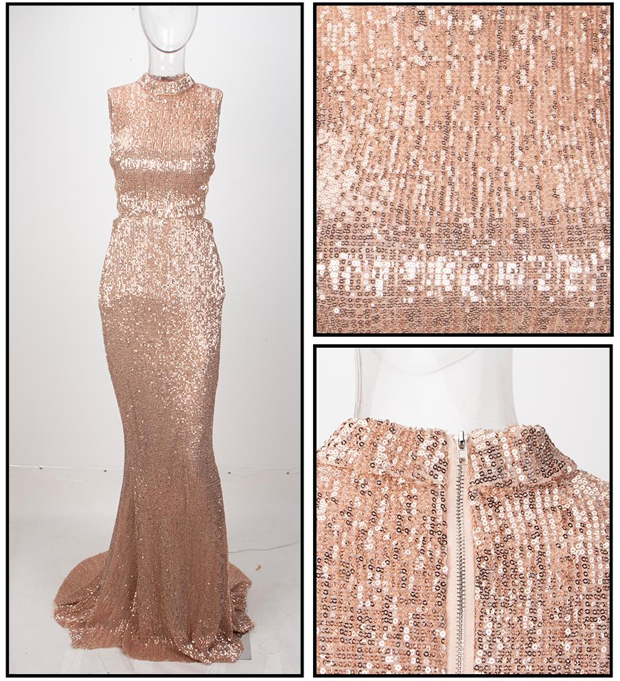 Love&Lemonade   Champagne Collar Side Cut Out Fishtail Slim Elastic Sequins Long Dress LM1152